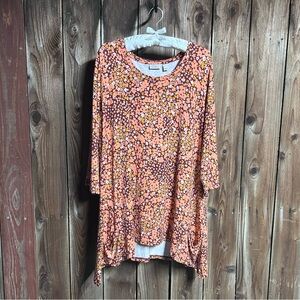 LOGO Lori Goldstein Soft Stretch Orange 70’s Ditsy Floral Bold Boho Tunic Sz XL